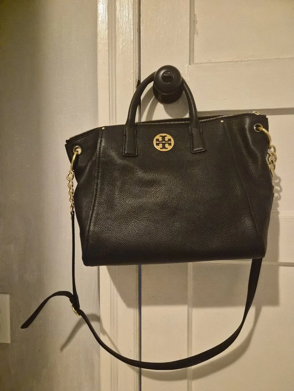Tory Burch Black Pebbled Leather Satchel with Gold-Tone Logo